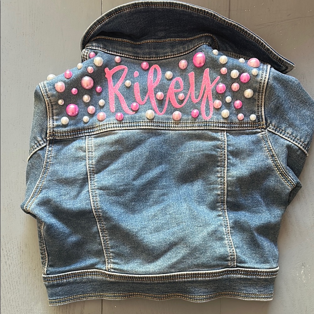 Personalized “Riley” Kids Denim Jacket with Pink Accents